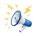 megaphone 3d cartoon style blue and white realistic hand grip yellow lightning bolts sound waves announcement loud speaker communication icon vibrant colors clean background graphic design element sp