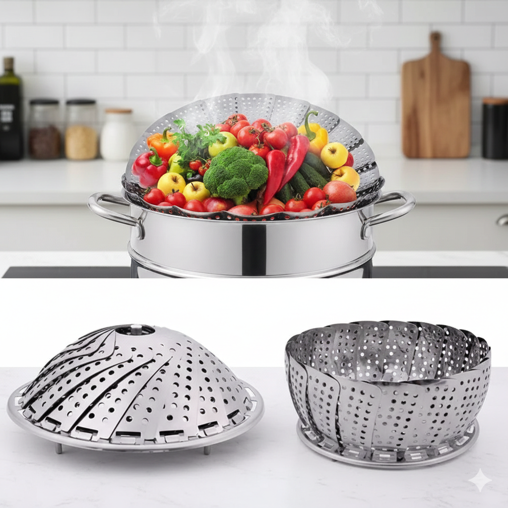 Vegetable Steamer – Foldable Stainless Steel Steaming Basket